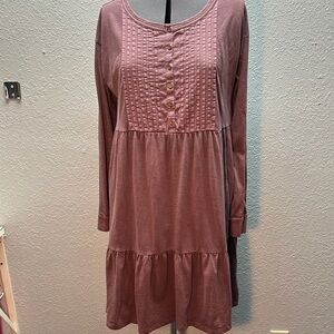 Lucky Brand Henley Pintuck Cotton Huckleberry Long Sleeve Tiered Dress Small